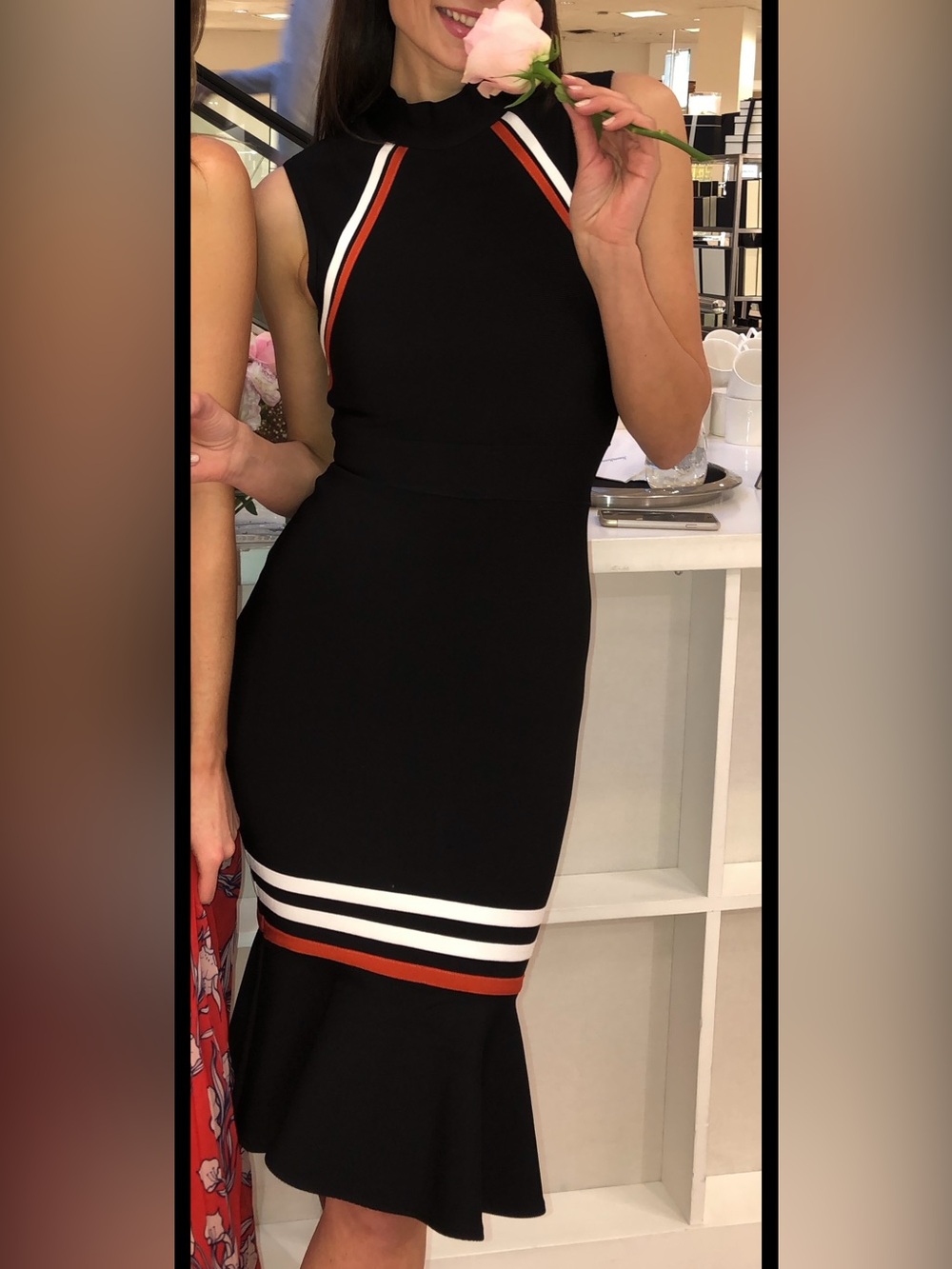 Black Sleeveless Stripe-Trim Midi Dress